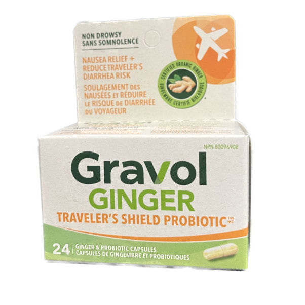 Gravol Traveler Shield Probiotic Ginger, for Nausea Relief & Reducing Traveler's Diarrhea (24 Capsules)