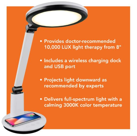 Theralite Halo Light Therapy SAD Lamp, With Wireless Charging For Phones