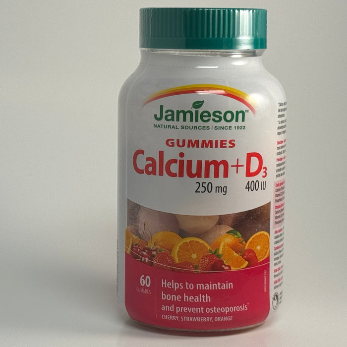 Jamieson Calcium Gummies 250mg + Vitamin D 400 IU - Cherry, Strawberry, Orange, 60 Count