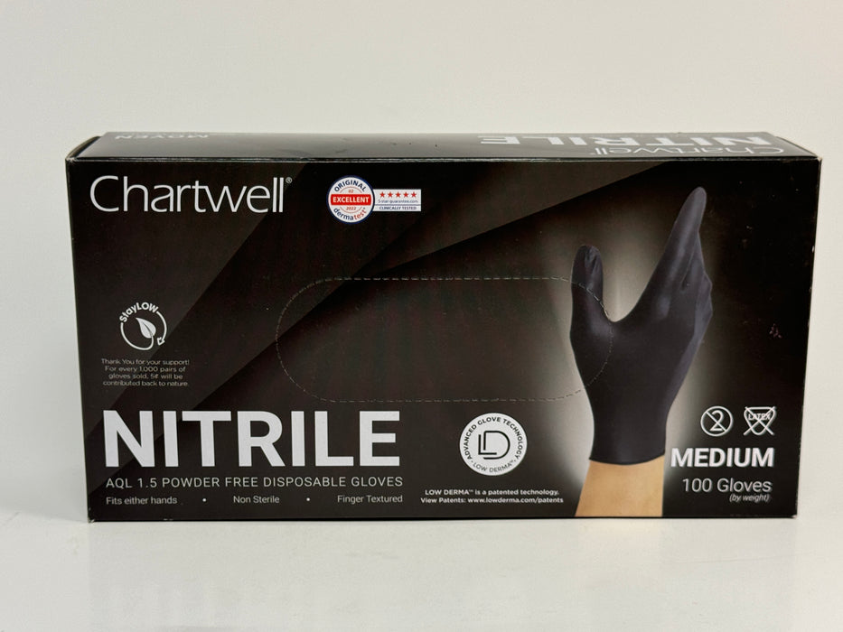 Small, Medium & Large Black Nitrile Gloves (Chartwell) - 100/Box