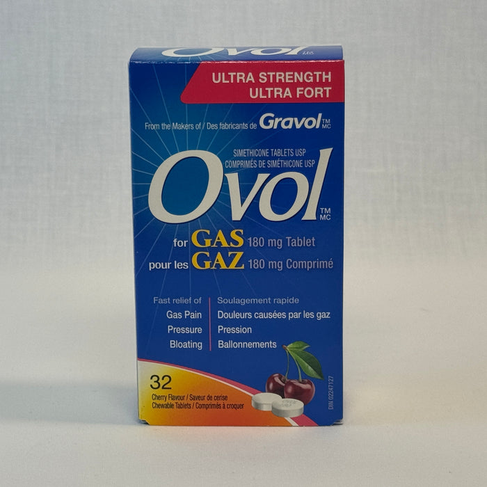 Ovol 180mg For Gas Pain, Pressure & Bloating - Cherry Flavoured (32 Chewable Tablets)