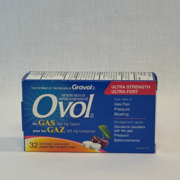 Ovol 180mg For Gas Pain, Pressure & Bloating - Cherry Flavoured (32 Chewable Tablets)