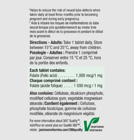 Jamieson Folic Acid 1000mcg/1mg (100 Tablets)