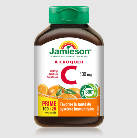 Jamieson Vitamin C 500 mg, Orange Bonus (100 + 20 Chewable Tablets)