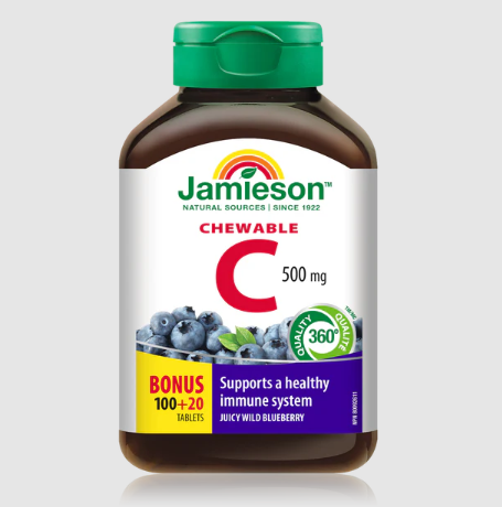 Jamieson Vitamin C 500 mg, Blueberry Flavour (100 + 20 Chewable Tablets)