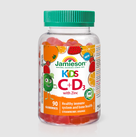 Jamieson Vitamin C, D with Zinc Flavoured Gummies For Kids - Strawberry, Orange (90's)