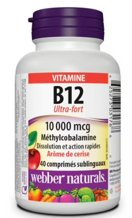 Webber Vitamin B12 10,000 mcg, Ultra Strength Cherry Flavoured (40 Sublingual Tablets)